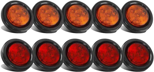 Partsam Paquete de 10 (5 ámbar + 5 rojo) de 2 pulgadas de luz LED redonda de marcador lateral con ojales, montaje empotrado, 4 LED, sellado, 2 luces