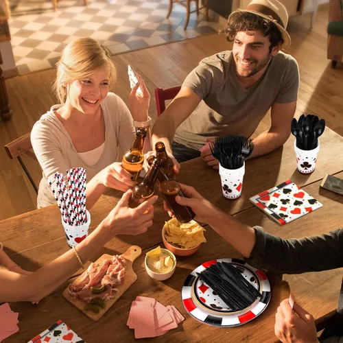 Miniatura 6 de durony Juego de vajilla de 147 piezas con temática de casino, incluye platos, servilletas, vasos, Staws y cubiertos para decoración de fiesta