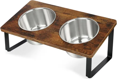 Cuencos elevados para perros pequeños y medianos de madera con 2 cuencos profundos de acero inoxidable para alimentos y agua, antivómitos, platos de