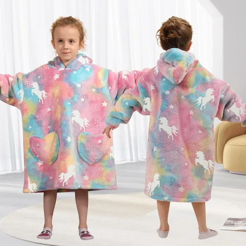 Miniatura 5 de Manta con capucha vestible para niños, manta Sherpa de gran tamaño con capucha para niños, niñas y bebés de 2 a 6 años, unicornios arcoíris