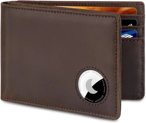 Miniatura 8 de Billetera AirTag para hombre, de piel auténtica plegable con bloqueo Rfid AirTag con ranuras para efectivo y ventana de identificación, compatible