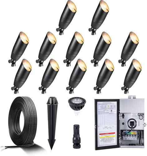 Miniatura 17 de Gardenreet Focos de paisaje de bajo voltaje - Luz superior LED de latón 12V para exterior, luces focales cableadas IP65 impermeables, enfoque