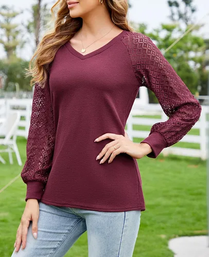 Miniatura 5 de MINTLIMIT Blusa de manga larga con encaje para mujer, estilo informal, elegante, de verano, holgada, de punto, cuello en V, sin botones