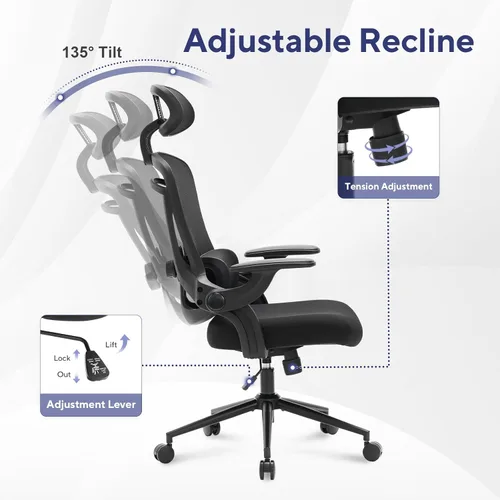Miniatura 7 de Nouhaus Ergo Fit Silla de oficina ergonómica de malla, sillas de oficina con respaldo alto, soporte lumbar ajustable, reposacabezas y reposabrazos