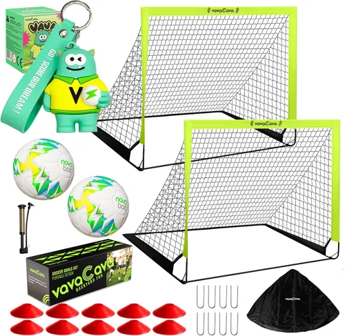 VavaCava - Juego de arcos de fútbol portátiles de 4 x 3 pies para diversión en el patio trasero, 2 redes, 2 pelotas de tamaño 3, 10 conos
