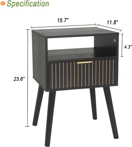 Miniatura 3 de MaxSmeo Mesita de noche negra con cajón, mesita de noche moderna de mediados de siglo con almacenamiento de estantes abiertos, mesa auxiliar