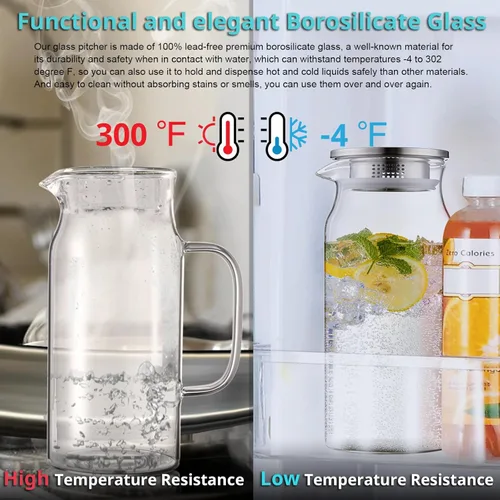 Miniatura 5 de Bivvclaz Jarra de vidrio de 2 litros y 68 onzas con tapa y asa, jarra de vidrio para agua caliente/fría, jarra grande de té helado para café, jugo
