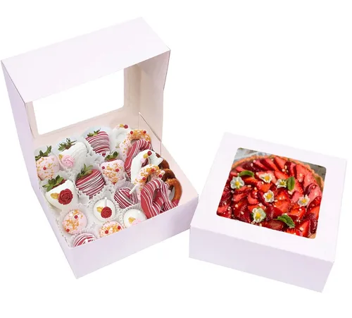 NPLUX Cajas de panadería de 8 x 8 x 3 pulgadas con ventana, cajas de chocolate y fresas para pastel, pastel, magdalena, galletas, macarrón, corazón