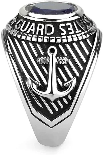 Miniatura 2 de C&D Military Jewelry Anillo militar de la Guardia Costera de los Estados Unidos de acero inoxidable (color plateado con piedra azul) USCG Anillos