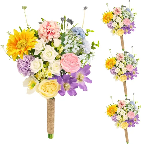Miniatura 33 de Juego de 4 ramos para dama de honor para boda - Ramos de flores artificiales de 7 pulgadas para decoración de centros de mesa de ceremonia y Azul