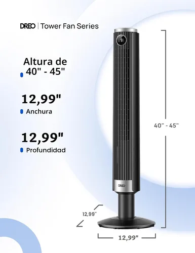 Miniatura 8 de DREO Ventilador de torre inteligente para dormitorio, altura ajustable de 40 a 45 pulgadas, velocidad de 28 pies/s, motor de CC, 9 velocidades, 4