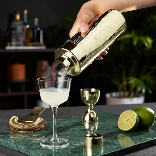 Miniatura 4 de Viski Art Deco - Coctelera de acero inoxidable grabada de 24 onzas con colador y acabado dorado