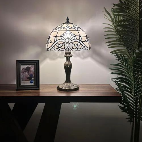Miniatura 2 de Lámpara de mesa de vidrieras blancas estilo barroco bombilla LED incluida para dormitorio sala de estar 12 pulgadas de ancho x 12 pulgadas