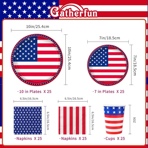 Miniatura 2 de Gatherfun Suministros para Fiestas Patrióticas con Bandera Americana Servilletas Desechables Platos de Papel y Vasos de Papel para el Día