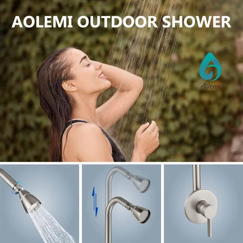 Miniatura 7 de Aolemi Kit de ducha para exteriores, sistema de grifo, mango único con cabezal de ducha de alta presión, ducha expuesta altura ajustable, níquel