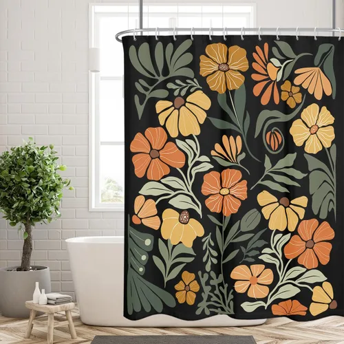 Miniatura 10 de Black Floral Shower Curtain Stall Small Half Single Mini Boho Flower Farmhouse Vintage Gothic Abstarct Retro Funky Botanical Moody Fabric Cloth