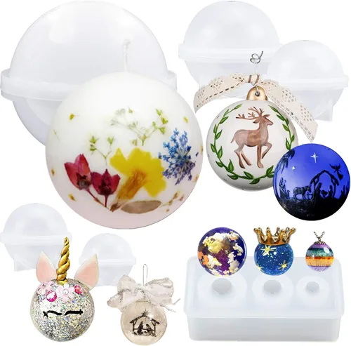 Miniatura 8 de Funshowcase Molde de silicona redondo de esfera para resina epoxi, fabricación de joyas, cera de vela, jabón casero, bomba de baño, juego de 5 piezas