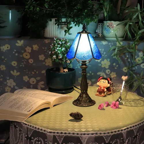 Miniatura 6 de Tiffany Style Table Lamp Blue Rippled Stained Glass Lamp 14 Inch Small Lamp,Desk Lamps,6X6X14 Inch,Bronze Resin Base, Antique Lamp,Mini Accent