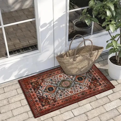 Miniatura 8 de Collive Tapete lavable para interiores, tapete retro antideslizante de bienvenida de 20" x 32" pulgadas, alfombra de área de absorción rápida, Rojo