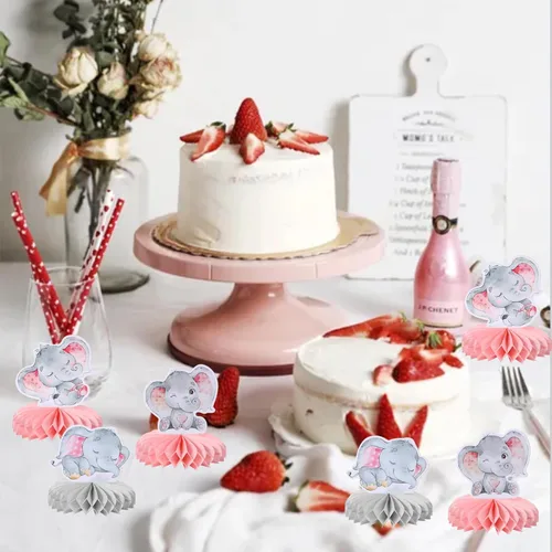 Miniatura 3 de 6 piezas de centro de mesa de nido de abeja de elefante rosa It's a Girl Baby Shower, centros de mesa de panal para temática de elefante, revelación