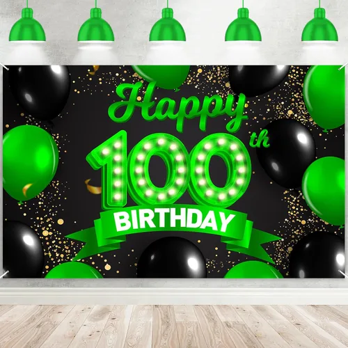 Miniatura 83 de Cartel de feliz cumpleaños 26 verde y negro, telón de fondo con texto en inglés "Cheers to 26 years old confeti", globos de confeti, decoración