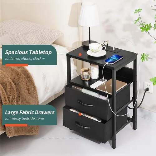 Miniatura 6 de Yoobure - Mesita de noche con estación de carga, pequeña mesita de noche con cajones de tela y estante de almacenamiento para dormitorios, mesitas