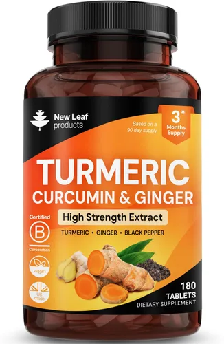 Tabletas de Cúrcuma con Pimienta Negra y Jengibre - Curcumina - 180 Tabletas de Cúrcuma y Pimienta Negra (3 Meses) Suplementos de Cúrcuma Activa de