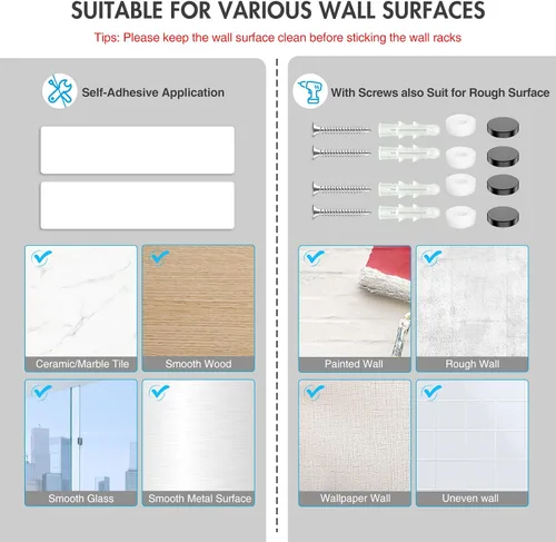 Miniatura 8 de homeasy - Soporte de pared para escoba y fregona, organizador con ganchos de acero inoxidable resistente Pack de 2, instalación sin taladro ni