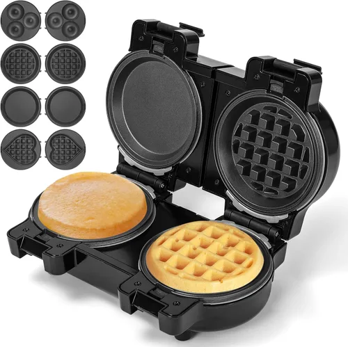 UVFAST Mini waflera con 8 platos extraíbles, 4 en 1 doble pequeña waflera pequeña, mini gofrera clásica, gofres de corazón, plancha, dona, plancha