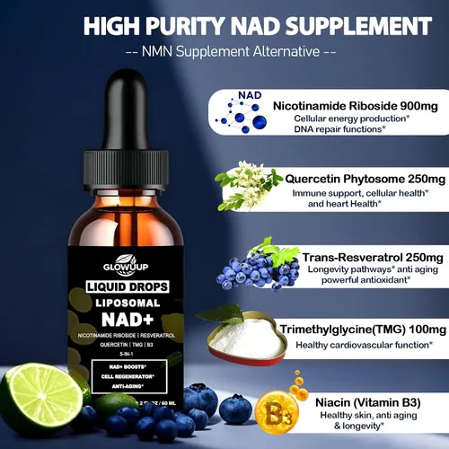 Miniatura 2 de Suplementos NAD para mujeres y hombres, liposomal NAD nicotinamida ribósido resveratrol 900 mg con vitamina B3 quercetina TMG, resveratrol líquido