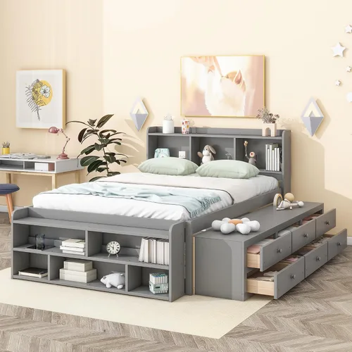 Miniatura 13 de HomSof Cama individual con 2 cajones, madera maciza, no necesita somier, gris