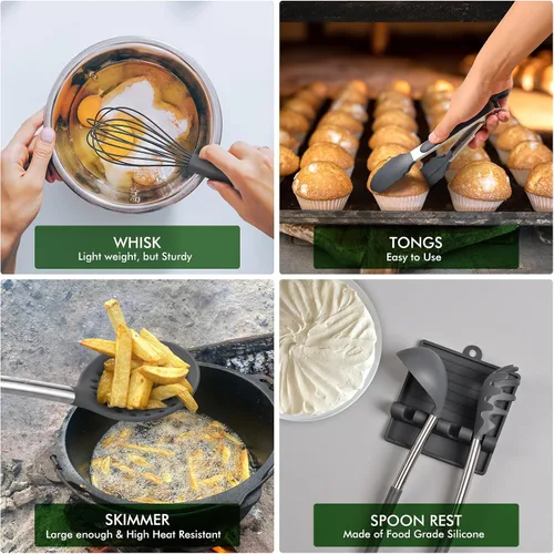 Miniatura 6 de HOTEC Utensilios de cocina de silicona resistentes al calor de 446 °F, juego de utensilios de cocina, juego de espátula, sin BPA, utensilios de Gris