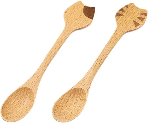 iplusmile Juego de 2 cucharas de madera para gatos, utensilios de cocina ergonómicos de 5.51 pulgadas para ensalada de arroz y sopa, diseño de mango