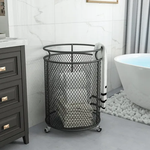 Miniatura 5 de Cesta de lavandería con ruedas, cesta de metal para organizador de habitaciones, contenedores de almacenamiento de ropa sucia de malla redonda