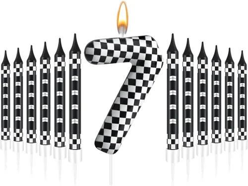 Miniatura 18 de 13 piezas de velas temáticas de coches de carreras para cumpleaños en negro y blanco con número de carrera 1 a cuadros, velas para tarta de coche