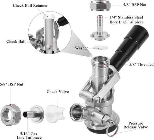 Miniatura 2 de All 304 Stainless Steel D System Keg Coupler, Beer Tap Coupler with 1/4’’ Beer Line Barb & 5/16’’ Gas Line Barb, Heavy Duty US D Sankey Coupler for