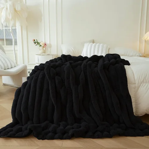 Miniatura 9 de MEGO Manta mullida de piel sintética de conejo, manta mullida de lujo con rayas acanaladas para cama, sofá, silla, manta peluda color marfil