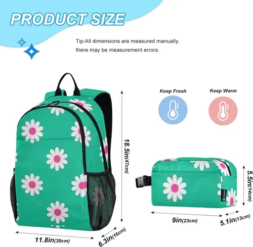 Miniatura 2 de Daisy Flower Cyan White Book Bag For Boys School Backpacks For Girls With Lunch Box 9-10 years mochilas y loncheras escolares para nias