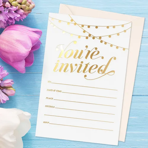 Miniatura 3 de ¡Invitaciones de fiesta S&O! 25 invitaciones tradicionales de papel de aluminio dorado con sobres, invitaciones de boda, bebé y despedida