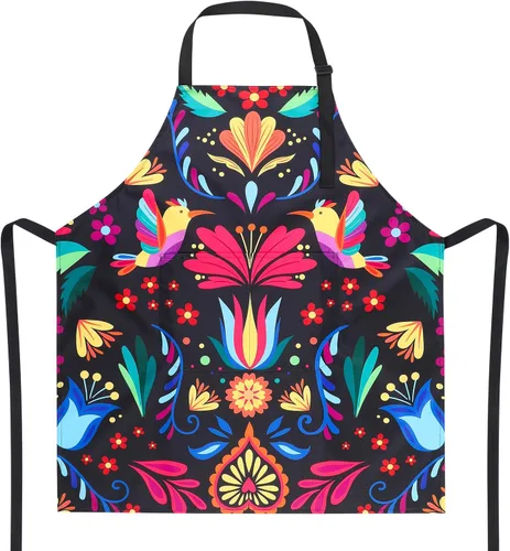 Delantal mexicano para mujer, colorido fondo mexicano con flores y pájaros, delantal de cocina impermeable con bolsillos ajustables para cocina,