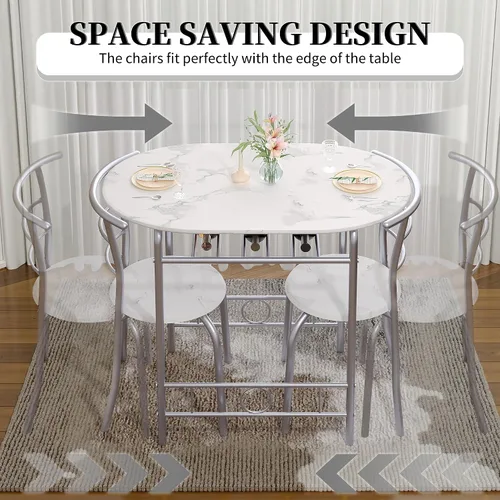 Miniatura 3 de VECELO Juego de mesa de comedor de 3 piezas para rincón de desayuno, mesa ovalada de mármol sintético y marco de metal con estante de vino Blanco