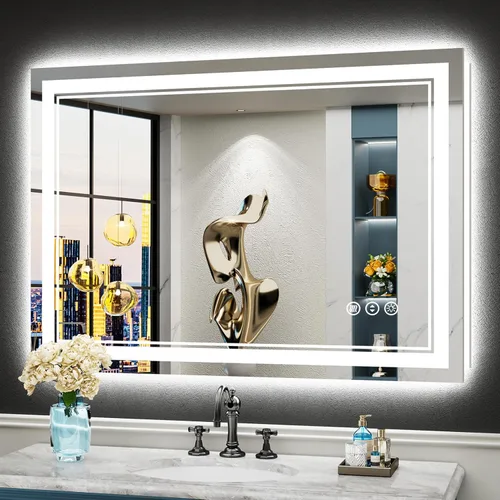 Miniatura 53 de 30x36 Espejo de baño LED con luces, retroiluminado y luz frontal, espejo de tocador iluminado antivaho para pared de baño, 3 colores, regulable
