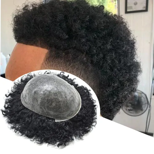 Miniatura 12 de Sistema de cabello para hombres negros, rizado tipo tupé de inyección de poliuretano para hombres de 0.472 in Afro Wave Afro American Mens Toupee 1#