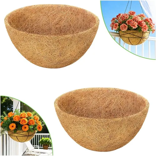 Paquete de 2 forros redondos de coco de 14 pulgadas para maceteros, cesta colgante natural, forro de fibra de coco para plantas de jardín al aire
