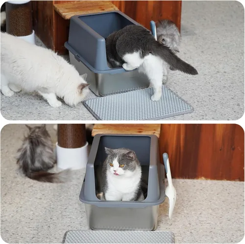 Miniatura 9 de Caja de arena para gatos de acero inoxidable, bandeja de arena de metal cubierta, bandejas de arena para gatos con lados altos, caja de arena