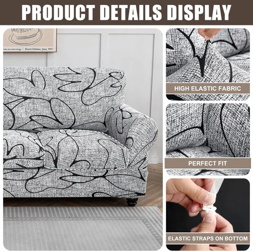 Miniatura 5 de SearchI Funda elástica para sofá con estampado, funda de sofá impresa, patrón floral, 3 piezas de funda elástica para sofá biplaza con 2 fundas