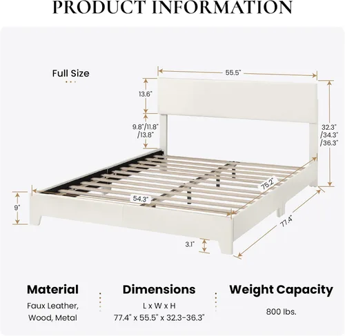 Miniatura 2 de SHA CERLIN Base de cama tamaño completo con cabecera ajustable, plataforma tapizada de piel sintética con listones de madera, base de colchón Blanco