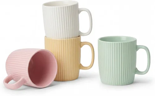 Juego de 4 tazas de café de cerámica de 14 onzas, modernas tazas de café a rayas acanaladas con asas grandes para café con leche, té, cacao,
