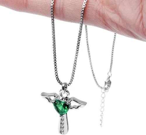 Miniatura 5 de Collar con dije de corazón y piedra natal de ángel, para mujer, circonita cúbica, ala de ángel, dije de corazón, regalo para San Valentín, cumpleaños