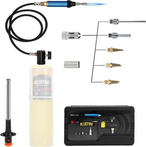 BLUEFIRE Kit de Antorcha de Soldadura Mini Lápiz de Gas MAP/MAPP de 3' con Manguera Multifunción Antorcha de Propano con Encendedor de Pedernal